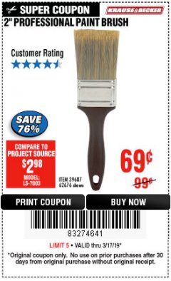 Harbor Freight Coupon 2" PROFESSIONAL PAINT BRUSH Lot No. 62676/39687 Expired: 3/17/19 - $0.69