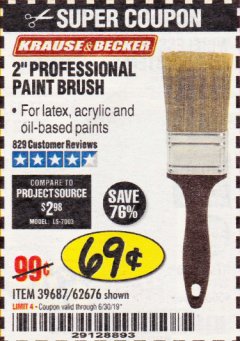 Harbor Freight Coupon 2" PROFESSIONAL PAINT BRUSH Lot No. 62676/39687 Expired: 6/30/19 - $0.69