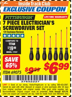 Harbor Freight ITC Coupon 7 PIECE ELECTRICIAN'S SCREWDRIVER SET Lot No. 69075 Expired: 8/31/19 - $6.99