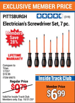 Harbor Freight ITC Coupon 7 PIECE ELECTRICIAN'S SCREWDRIVER SET Lot No. 69075 Expired: 10/31/20 - $6.99