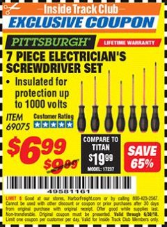 Harbor Freight ITC Coupon 7 PIECE ELECTRICIAN'S SCREWDRIVER SET Lot No. 69075 Expired: 6/30/18 - $6.99