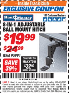 Harbor Freight ITC Coupon 8-IN-1 Adjustable Ball Mount Hitch Lot No. 95991 Expired: 2/28/19 - $19.99