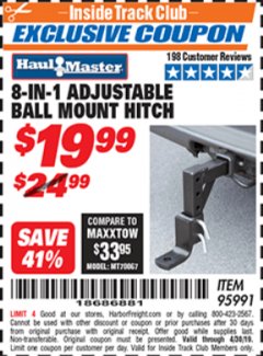 Harbor Freight ITC Coupon 8-IN-1 Adjustable Ball Mount Hitch Lot No. 95991 Expired: 4/30/19 - $19.99