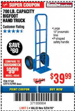 Harbor Freight Coupon BIGFOOT HAND TRUCK Lot No. 62974/62900/67568/97568 Expired: 6/24/18 - $39.99