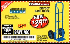 Harbor Freight Coupon BIGFOOT HAND TRUCK Lot No. 62974/62900/67568/97568 Expired: 3/30/19 - $39.99
