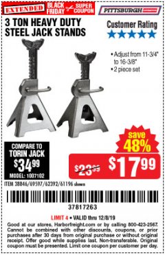 Harbor Freight Coupon 3 TON HEAVY DUTY STEEL JACK STANDS Lot No. 61196/62392/38846/69597 Expired: 12/8/19 - $17.99