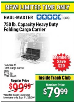 Harbor Freight Coupon HEAVY DUTY FOLDING STEEL CARGO CARRIER Lot No. 62660/56120 Expired: 11/25/20 - $79.99