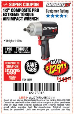 Harbor Freight Coupon EARTHQUAKE XT 1/2" COMPOSITE XTREME TORQUE AIR IMPACT WRENCH Lot No. 62891 Expired: 7/31/18 - $129.99