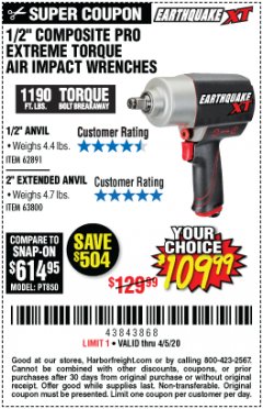 Harbor Freight Coupon EARTHQUAKE XT 1/2" COMPOSITE XTREME TORQUE AIR IMPACT WRENCH Lot No. 62891 Expired: 6/30/20 - $109.99