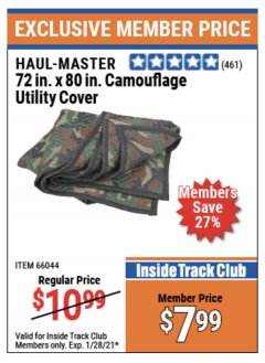 Harbor Freight ITC Coupon 72" x 80" CAMOUFLAGE UTILITY BLANKET Lot No. 69508, 66044 Expired: 1/28/21 - $7.99