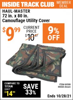 Harbor Freight ITC Coupon 72" x 80" CAMOUFLAGE UTILITY BLANKET Lot No. 69508, 66044 Expired: 10/28/21 - $9.99
