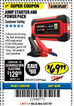 Harbor Freight Coupon LITHIUM ION JUMP STARTER AND POWER PACK Lot No. 62749/64412/56797/56798 Expired: 5/31/18 - $69.99