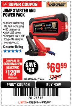 Harbor Freight Coupon LITHIUM ION JUMP STARTER AND POWER PACK Lot No. 62749/64412/56797/56798 Expired: 9/30/18 - $69.99