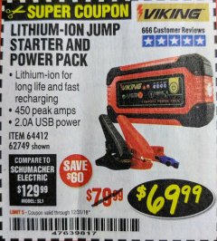 Harbor Freight Coupon LITHIUM ION JUMP STARTER AND POWER PACK Lot No. 62749/64412/56797/56798 Expired: 12/31/18 - $69.99