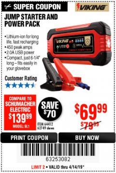 Harbor Freight Coupon LITHIUM ION JUMP STARTER AND POWER PACK Lot No. 62749/64412/56797/56798 Expired: 4/14/19 - $69.99