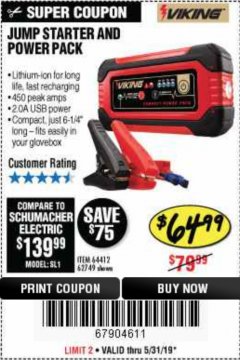 Harbor Freight Coupon LITHIUM ION JUMP STARTER AND POWER PACK Lot No. 62749/64412/56797/56798 Expired: 5/31/19 - $64.99