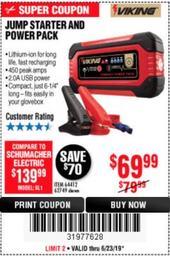 Harbor Freight Coupon LITHIUM ION JUMP STARTER AND POWER PACK Lot No. 62749/64412/56797/56798 Expired: 6/23/19 - $69.99