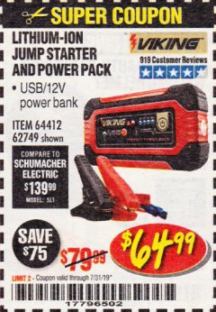 Harbor Freight Coupon LITHIUM ION JUMP STARTER AND POWER PACK Lot No. 62749/64412/56797/56798 Expired: 7/31/19 - $64.99