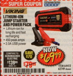 Harbor Freight Coupon LITHIUM ION JUMP STARTER AND POWER PACK Lot No. 62749/64412/56797/56798 Expired: 7/31/19 - $69.99