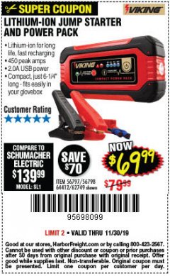Harbor Freight Coupon LITHIUM ION JUMP STARTER AND POWER PACK Lot No. 62749/64412/56797/56798 Expired: 11/30/19 - $69.99