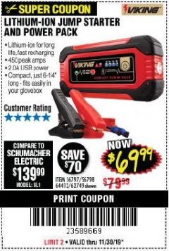 Harbor Freight Coupon LITHIUM ION JUMP STARTER AND POWER PACK Lot No. 62749/64412/56797/56798 Expired: 11/30/19 - $69.99