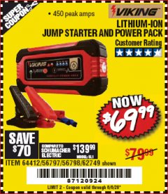 Harbor Freight Coupon LITHIUM ION JUMP STARTER AND POWER PACK Lot No. 62749/64412/56797/56798 Expired: 6/30/20 - $69.99