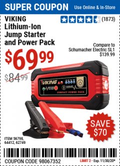 Harbor Freight Coupon LITHIUM ION JUMP STARTER AND POWER PACK Lot No. 62749/64412/56797/56798 Expired: 11/30/20 - $69.99