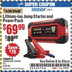 Harbor Freight Coupon LITHIUM ION JUMP STARTER AND POWER PACK Lot No. 62749/64412/56797/56798 Expired: 2/18/21 - $69.99
