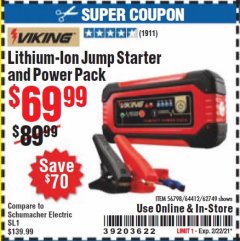 Harbor Freight Coupon LITHIUM ION JUMP STARTER AND POWER PACK Lot No. 62749/64412/56797/56798 Expired: 2/22/21 - $69.99