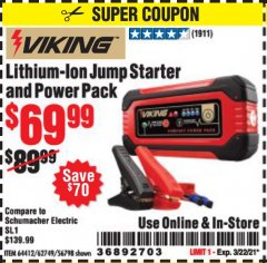 Harbor Freight Coupon LITHIUM ION JUMP STARTER AND POWER PACK Lot No. 62749/64412/56797/56798 Expired: 3/22/21 - $69.99