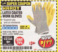 Harbor Freight Coupon HARDY LATEX COATED WORK GLOVES Lot No. 90909/61436/90912/61435/90913/61437 Expired: 11/30/19 - $1.49