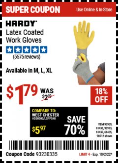 Harbor Freight Coupon HARDY LATEX COATED WORK GLOVES Lot No. 90909/61436/90912/61435/90913/61437 EXPIRES: 10/2/22 - $1.79