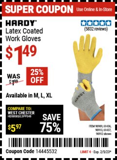Harbor Freight Coupon HARDY LATEX COATED WORK GLOVES Lot No. 90909/61436/90912/61435/90913/61437 EXPIRES: 2/5/23 - $1.49