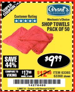Harbor Freight Coupon MECHANICS CHOICE SHOP TOWELS PACK OF 50 Lot No. 63365/63360 Expired: 5/19/18 - $9.99