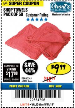 Harbor Freight Coupon MECHANICS CHOICE SHOP TOWELS PACK OF 50 Lot No. 63365/63360 Expired: 5/31/18 - $9.99