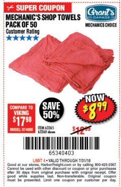 Harbor Freight Coupon MECHANICS CHOICE SHOP TOWELS PACK OF 50 Lot No. 63365/63360 Expired: 7/31/18 - $8.99