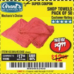 Harbor Freight Coupon MECHANICS CHOICE SHOP TOWELS PACK OF 50 Lot No. 63365/63360 Expired: 11/3/18 - $9.99
