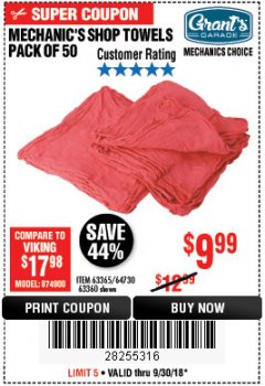 Harbor Freight Coupon MECHANICS CHOICE SHOP TOWELS PACK OF 50 Lot No. 63365/63360 Expired: 9/30/18 - $9.99