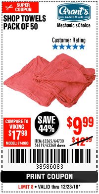 Harbor Freight Coupon MECHANICS CHOICE SHOP TOWELS PACK OF 50 Lot No. 63365/63360 Expired: 12/23/18 - $9.99
