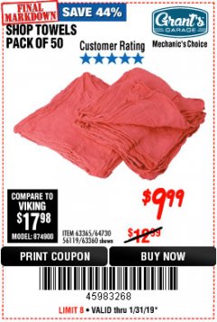 Harbor Freight Coupon MECHANICS CHOICE SHOP TOWELS PACK OF 50 Lot No. 63365/63360 Expired: 1/31/19 - $9.99