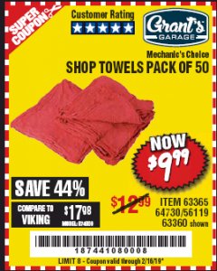 Harbor Freight Coupon MECHANICS CHOICE SHOP TOWELS PACK OF 50 Lot No. 63365/63360 Expired: 2/16/19 - $9.99