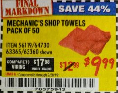 Harbor Freight Coupon MECHANICS CHOICE SHOP TOWELS PACK OF 50 Lot No. 63365/63360 Expired: 2/28/19 - $9.99