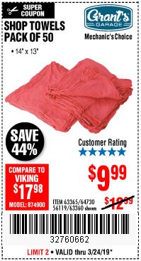 Harbor Freight Coupon MECHANICS CHOICE SHOP TOWELS PACK OF 50 Lot No. 63365/63360 Expired: 3/24/19 - $9.99