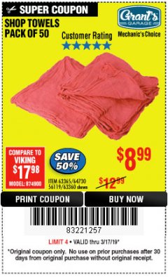 Harbor Freight Coupon MECHANICS CHOICE SHOP TOWELS PACK OF 50 Lot No. 63365/63360 Expired: 3/17/19 - $8.99