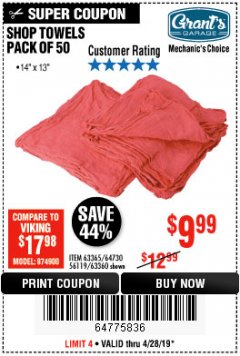Harbor Freight Coupon MECHANICS CHOICE SHOP TOWELS PACK OF 50 Lot No. 63365/63360 Expired: 4/28/19 - $9.99