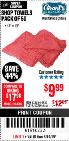Harbor Freight Coupon MECHANICS CHOICE SHOP TOWELS PACK OF 50 Lot No. 63365/63360 Expired: 5/19/19 - $9.99
