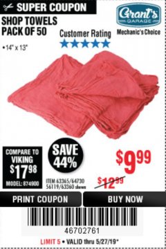 Harbor Freight Coupon MECHANICS CHOICE SHOP TOWELS PACK OF 50 Lot No. 63365/63360 Expired: 5/31/19 - $9.99
