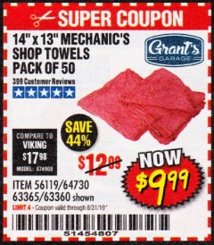 Harbor Freight Coupon MECHANICS CHOICE SHOP TOWELS PACK OF 50 Lot No. 63365/63360 Expired: 8/31/19 - $9.99