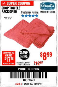 Harbor Freight Coupon MECHANICS CHOICE SHOP TOWELS PACK OF 50 Lot No. 63365/63360 Expired: 10/20/19 - $8.99