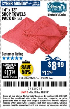 Harbor Freight Coupon MECHANICS CHOICE SHOP TOWELS PACK OF 50 Lot No. 63365/63360 Expired: 12/2/19 - $8.99